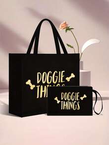 Dog Supplies" Letter & Bone Pattern Tote Bag Set, Gift For Dog Owners & Pet Lovers, Includes Cosmetic Bag & Mini Coin Purse, Bone Design Dogs Love, Great Gift For Mom, Teacher, Friend, Portable Casual Storage Tote Bag, Multifunctional Shopping Bag - Multicolor - View 3