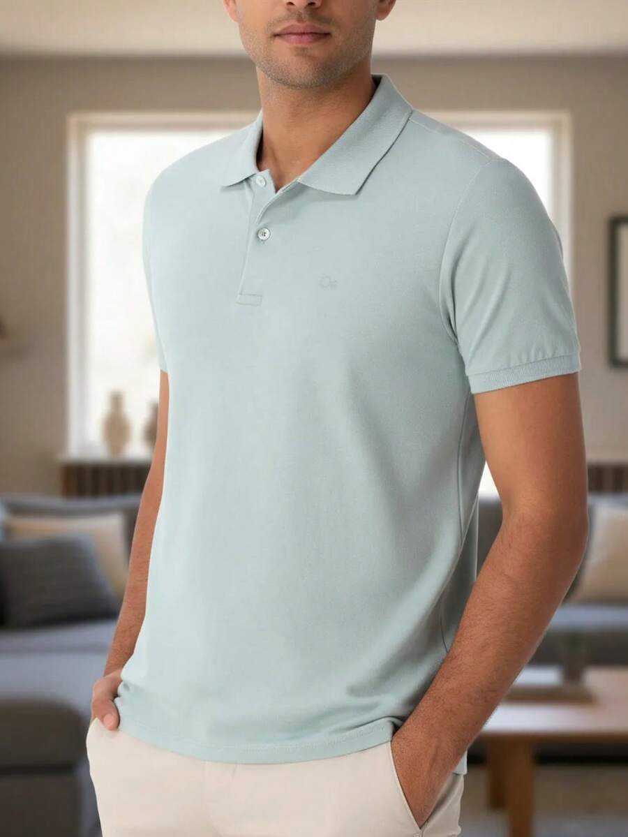 Ogochi Men's Basic Plain Polo Shirt With Logo, No Pocket, Original - 灰霧 - 查看 1