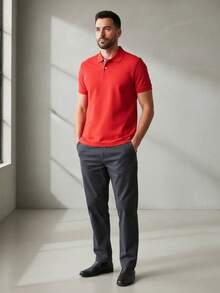 Ogochi Men's Basic Plain Polo Shirt With Logo, No Pocket, Original - Red - View 8