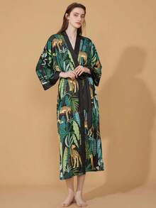 复古日式宽松中长款时尚印花罩衫，复古波西米亚风和服长袍，休闲居家/沙滩装，性感泳衣罩衫，夏季度假 - 黑色 - 查看 9