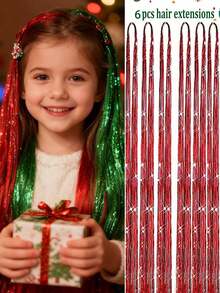 48" Holographic Hair Tinsel Kit Shining Silver Professional Sparkle Heat-Resistant Silk Hairpieces, Hair Accessories For Girls, Party Hair, Gifts For Girls (12PCS/6PCS)