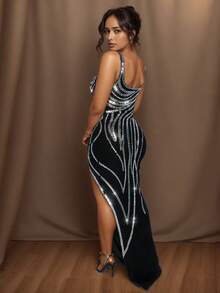 PORRCEY Women's Rhinestone Soft Sexy Slit Spaghetti Straps Long Dress Valentine's Day Date Nght Carnival Masquerade Ball  Chinese New Year Wedding, Bachelor Party - Black - View 2