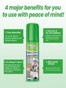 多用途胶水去除剂，快速溶解胶水、贴纸等，不留残胶。温和配方，不会损伤表面，是清洁汽车贴纸的理想之选。使用方法：距离胶水表面15-20厘米处喷洒胶水去除剂，去除表层胶水。等待3-5分钟，待胶水溶解后，用小刮刀将其刮除。