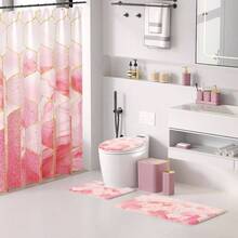 Bathroom Set - 26PC Bathroom Set With Shower Curtain And Rugs, Bathroom Accessory Set, Pink Bathroom Accessories Set, Trash Can Soap Dispenser - Pink + Bath Set+Shower Curtain+Bath Rug - View 2