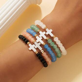 5pcs/6pcs Fashionable Set Suitable For Women's Daily Wear Style Colorful Crystal Beaded Cross Bracelet Set,This Set Features Unique Stacked Religious Cross Bracelets.