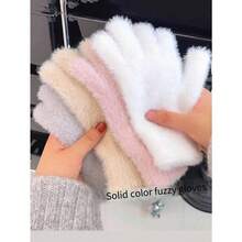 1pc Unisex Simple Solid Color Plush Thickened All-Match Gloves Simple And Fashionable Knitted Plush Outdoor Warm Gloves Suitable For Outdoor Cycling, Writing, Office, Daily Wear, Perfect Gift For Autumn And Winter Halloween - trắng - Xem 1