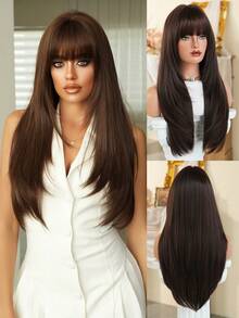 7JHH WIGS Elegant 24 Inch Long Natural Layered Brown Wig With Bangs For Women, Soft Heat-Resistant Fiber Fluffy Full Machine Synthetic Straight Hair Wigs For Daily Wear Music Festivals Celebrations, Graduation Gift & Mother's Gift - Brown - View 3