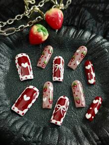 10pcs Baroque Style Acrylic Nail Tips, DIY French Y2K Manicure, Pink, Red, Light Blue, Brown, Shiny Nails, 3D Handmade Starfish & Shell Decor, 3D Hand-Painted Wavy Cherry, 3D Colorful Carved Flower Acrylic Nail Art, Suitable For Christmas, Girls Nail Art Set, Includes Gel Stickers And Nail File - 紅色 - 查看 2