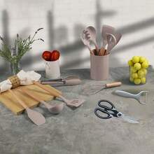 14-Piece Kitchen Cookware Set - Multi-Functional Cooking And Baking Tools - Suitable For Home/Professional Kitchens - Silicone With Heat-Resistant Wooden Handles