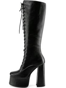 Women's High Chunky Heel Platform Knee High Boots Fashion Leather Lace Up Heeled Long Boots Wide CalfChristmas - 綠色 - 查看 3