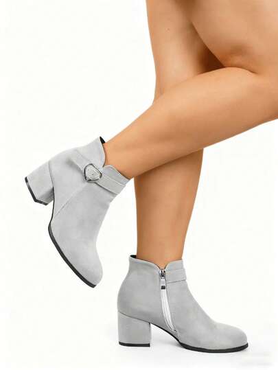 Plus Size Women's Chunky Heel High Heel Solid Black Casual Side Zipper Heart Decor Strap Ankle Boots, Comfortable Short Boots