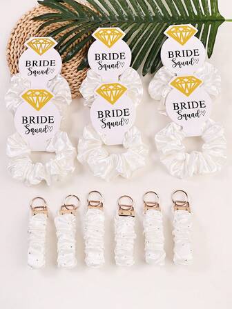 12pcs/Set Bridal Party Scrunchie Combo, Includes Rhinestone, Fabric Hair Ties, Keychains, White Bridal Accessories, Suitable As Gifts For Brides And Ladies