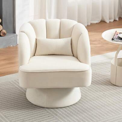 Hodeffior Modern Swivel Barrel Accent Chair, 360 Degree Velvet Upholstered Armchair With Striped Backrest & Plush Padding, Comfy Round Lounge Chair For Living Room, Bedroom, Reading Nook, Beige