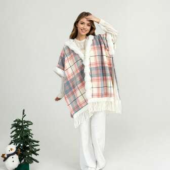 1 pieza Manta con capucha para usar, cómoda para relajarse en casa, calidez al aire libre, adecuada como regalo de cumpleaños o Navidad para mujeres, madres, novias, sudadera con capucha y manta de franela suave a cuadros de talla grande con bolsillos y mangas, de longitud media, acogedora y cálida