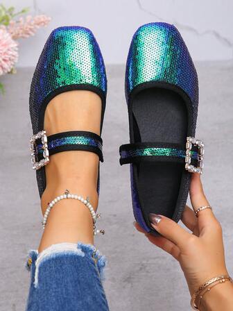 Plus Size Women's Mary Jane Shoes, New Spring/Autumn Fashion Glitter Ombre Blue-Green Color Block Rhinestone Buckle Strap Square Toe Flat Slip-On Shoes, Elegant For Daily Wear, Work, Holidays, Party, Lightweight & Comfortable Ballet Flats