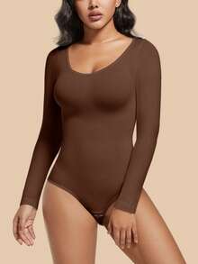 Damen braunes nahtloses langärmeliges Formwäsche-Bodysuit, Bauchkontrolle und Po-Lifting