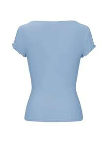 Y2K Preppy Style Women's Summer Casual Lace Patchwork Crew Neck Short Sleeve Knit T-Shirt - Blue - View 4