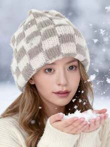 Classic Autumn/Winter Checkerboard Knit Beanie Hat For Women, Korean Fashion Chic, Suitable For Large Head Circumference, Warm Knitted Cap, Versatile Christmas Accessory