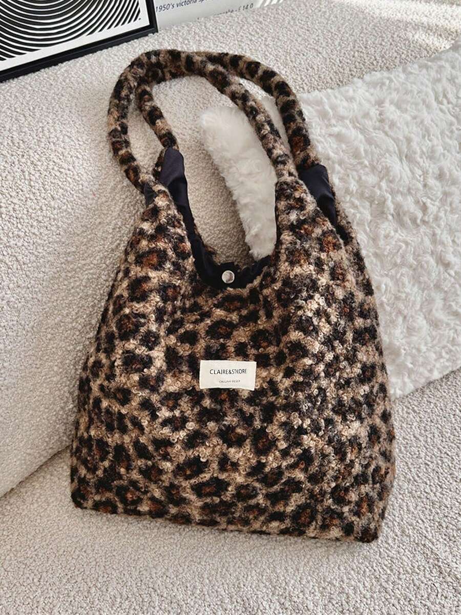 女士豹纹仿毛皮斜挎包，时尚毛绒单肩手提包，多功能大容量手提包，适合通勤，秋冬季 - 棕色 - 查看 1