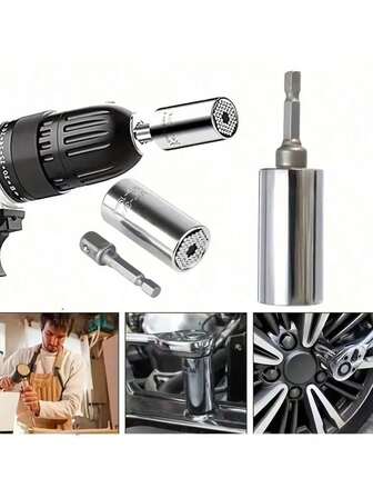 2 piezas Juego de llaves de vaso profesionales - Acero inoxidable, ajustable de 7-19mm, con llave de trinquete y adaptador de broca, material de color dorado, adecuado para diversas aplicaciones, Juego de llaves de vaso | Herramienta de grado profesional | Estructura duradera