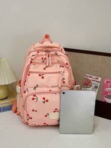 Conjunto de 3 peças de mochila dobrável de nylon rosa com estampa de morango, laço e cereja, com cordão, zíper e grande capacidade. Ideal para uso diário, faculdade, treinos, escola, compras e viagens. Perfeita para mulheres, estudantes, treinos, escola e viagens. - Rosa - Ver 3