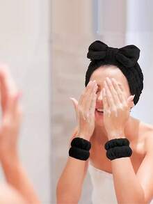 3pcs Women Headband & Wristband Set (Free Facial Cleansing Brush) - Solid Color Stretchy Bow Headband And Soft Facial Cleansing Wristband - Comfortable For Daily Wear, Ideal For Gentle Face Washing And Makeup - Multicolor - View 3