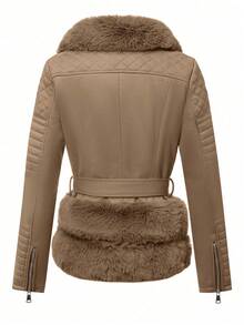 Áo khoác ngắn nữ Risissida thanh lịch với cổ lông giả, eo điều chỉnh được và kèm thắt lưng - Hoàn hảo cho mùa thu và mùa đông. - màu nâu - Xem 12