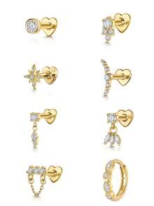 1件装925纯银经典心形流苏不对称八角星立方氧化锆耳骨钉，平底耳骨钉，适合女性日常、派对、订婚等场合佩戴 - 金色 - 查看 6