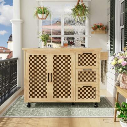 Mobile Kitchen Island 120x92 Cm, Extendable 45-75 Cm Worktop With Checkerboard Pattern, 2 Doors, 3 Drawers And Towel Rail, Optimized Storage With Shelf