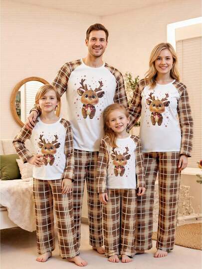 Ensemble de pyjamas de Noël assortis pour la famille, imprimé à carreaux et renne. Pyjamas de vacances, vêtements de nuit Papa Maman Enfants