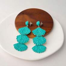 Raffia Dangle Earrings Women - Boho Statement Rattan Drop Jewelry With Design, Lightweight Summer Beach Accessories - 綠松石 - 查看 5