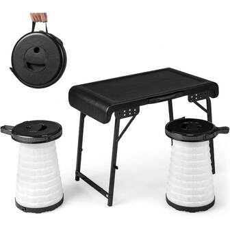 3 - Piece Folding Table Stool Set With A Camping Table 2 Retractable Stools, Portable Lightweight Camping Table Chair Set Beach Backyard Picnic Indoor, Each Stool Loads 200 KG