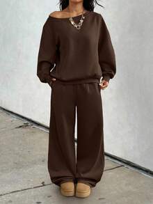 GLOpass Casual Solid Color Off-Shoulder Loose Sweatshirt And Pants Two Pieces Set For Women, Versatile For Daily Wear, Autumn/Winter