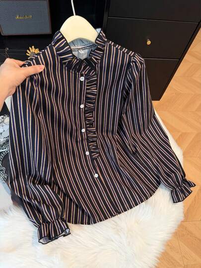 Perceive Striped Asymmetric Hem Stand Collar Loose Long Sleeve Women Shirt, Business Casual Wear For Autumn/Winter