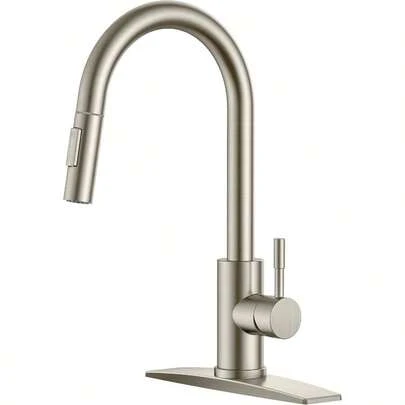 Kitchen Faucet With Pull Down Sprayer Brushed Nickel High Arc Modern Classic Sink Faucet Stainless Steel With Deck Plate Fit For 1 Or 3 Hole For Pot Filler Bar Farmhouse Laundry Rv