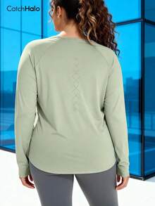 Plus Size Women Long Sleeve Loose Fit Athletic Top With Thumb Holes And Hollow Back Design, Suitable For Autumn, Winter, Gym Workout And Casual Wear Spring - Mint Green - View 3