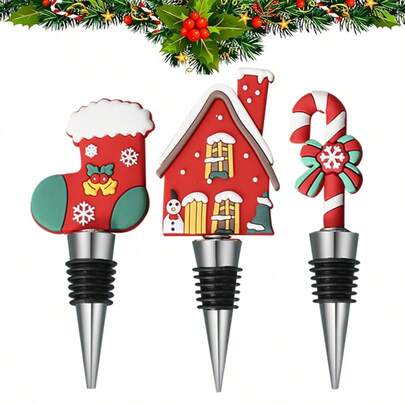 3-Pack Creative Christmas Stocking Christmas House Candy Cane Design Wine Preservation Stopper, Reusable Aluminum Champagne Stopper With Air-Tight Seal, Elegant Kitchen And Bar Decor, Suitable For Weddings Birthdays, Unique Gifts For Wine Lovers And Home Bartenders, Christmas Party Supplies, Family Dinner