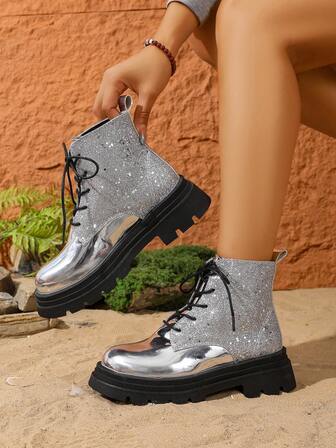 Black Sequin Patchwork Platform Boots - Women's Outdoor Style - Lace-Up Design Slimming - Suitable For Fashion Shoots And Multiple Occasions - Essential For Autumn/Winter