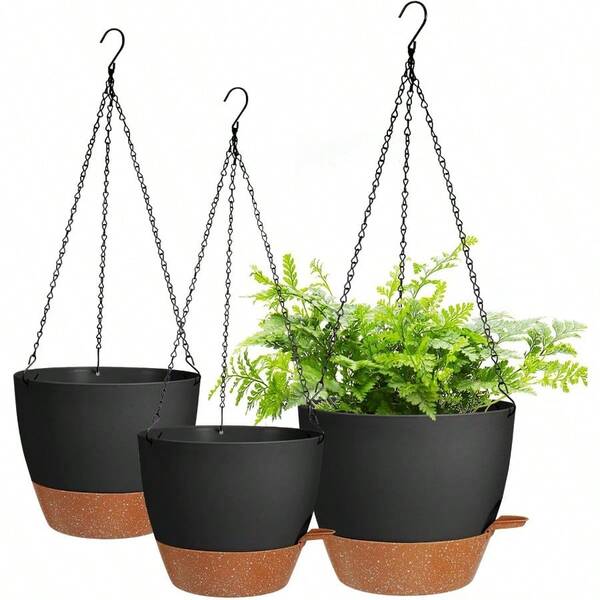 Hanging Planters Indoor Outdoor 10 9 8 Inch 3 Pack Self Watering Hanging Pot With Drainage Holes Hanging Planter Baskets Flower Plant Pots With Removable Tray Black+Brown