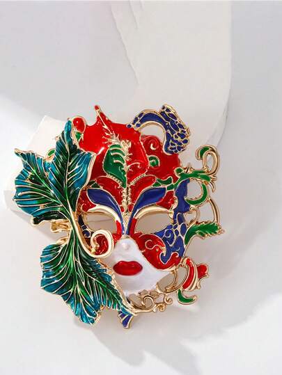 Chinese Style 3D Embossed Mask Brooch, Vintage Chic Lapel Pin, Luxury Niche Clothing Accessory