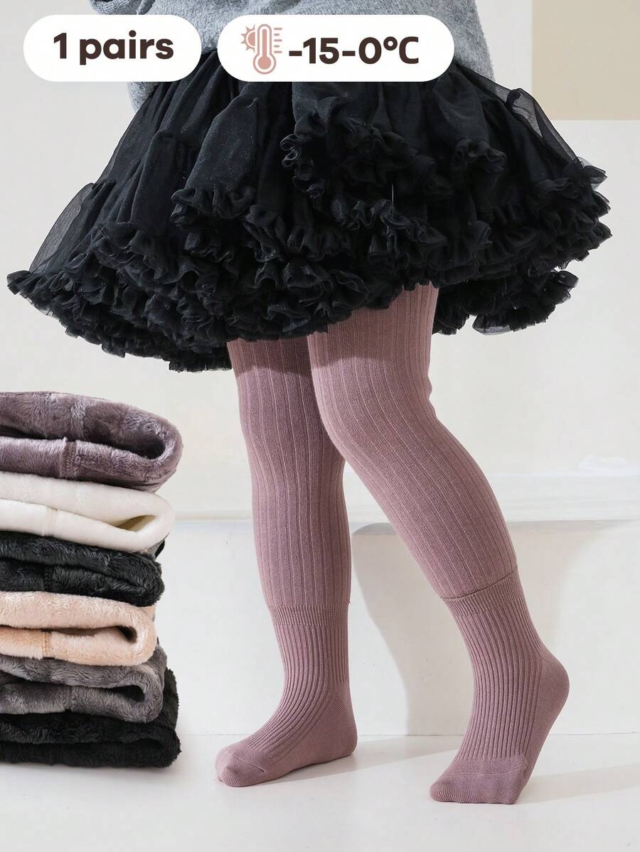 女童不透明连裤袜，黑/灰/紫组合，超厚保暖内衬，极其保暖防寒，针织面料，室内/室外皆宜，节日礼物 - 彩色 - 查看 1