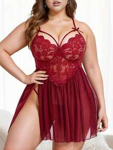 大码蕾丝吊带睡裙，V领睡衣，侧开衩网纱睡裙 - 酒紅色 - 查看 1
