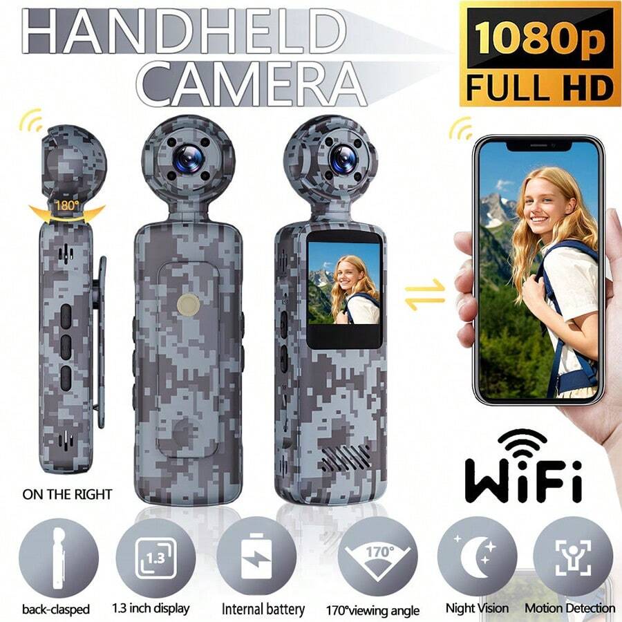1 pieza Cámara mini WiFi HD 1080p con pantalla de 1.3 pulgadas, lente rotativa 180°, batería incorporada de larga duración, cámara portátil para exteriores - compacta y fácil de transportar, con función de visión nocturna infrarroja, perfecta para uso en exteriores y grabaciones de trabajo