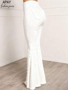 女士高腰白色珍珠装饰喇叭牛仔裤 - 纽扣前开襟牛仔裤，毛边裤脚，优雅风格，适合派对和日常穿着 - 女士春季休闲服装 - 白色 - 查看 11