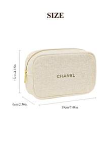 CHANEL Materiel Beige Fabric Makeup Pouch With Gold Embroidered Logo, Makeup Bag, Zippered Travel Cosmetic Bag - Platinum - View 11