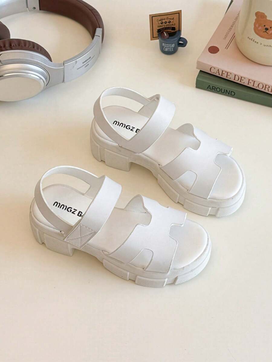 1 đôi sandal cao gót hở mũi màu trắng cho bé gái, quai ngang rộng, chất liệu mềm mại, chống trượt, bền, thoáng khí, có quai điều chỉnh, đế dày, kiểu dáng thời trang và tiện dụng cho mùa hè của bé gái/trẻ em, tạo nên bộ trang phục sành điệu. - trắng - Xem 1