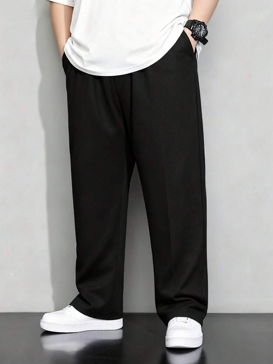 Men Plus Drawstring Waist Straight Leg Pants - Black - View 1