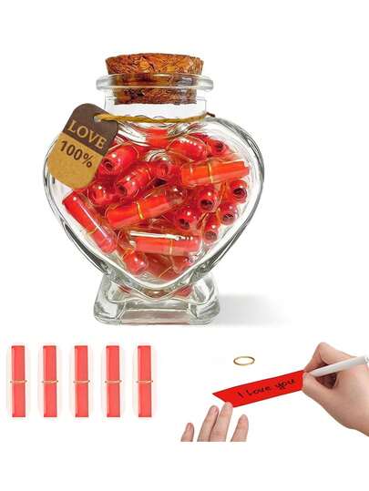 50 Reasons Why I Love You - Heart-Shaped Glass Jar With Red Capsules, Valentine's Day, Anniversary, Birthday Gift, Newlywed Gift, Wedding Favor, Hand Wash Only, Modern Home Decor