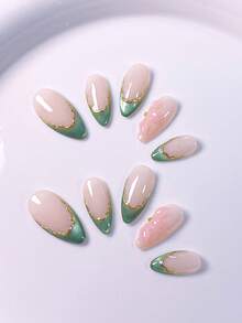 10 móng giả ngắn thủ công, kiểu Pháp, màu đỏ, xanh lá cây, đen, mắt mèo, vàng, móng dễ thương, họa tiết hoa 3D tròn thủ công và đầu móng kiểu Pháp sọc vàng bất đối xứng, trang trí bằng hạt vàng, kèm bộ dụng cụ làm móng, phù hợp cho phụ nữ và bé gái. - Màu xanh Bạc hà - Xem 5