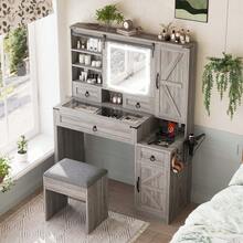MERAX Farmhouse Vanity Desk With Sliding Mirror And Lights, Vanity Set With Glass Top And Charging Station ,Dressing Table With 4 Drawers And 2 Cabinets, Dressing Table With Stool For Bedroom, Gray - 灰色的 - 查看 3